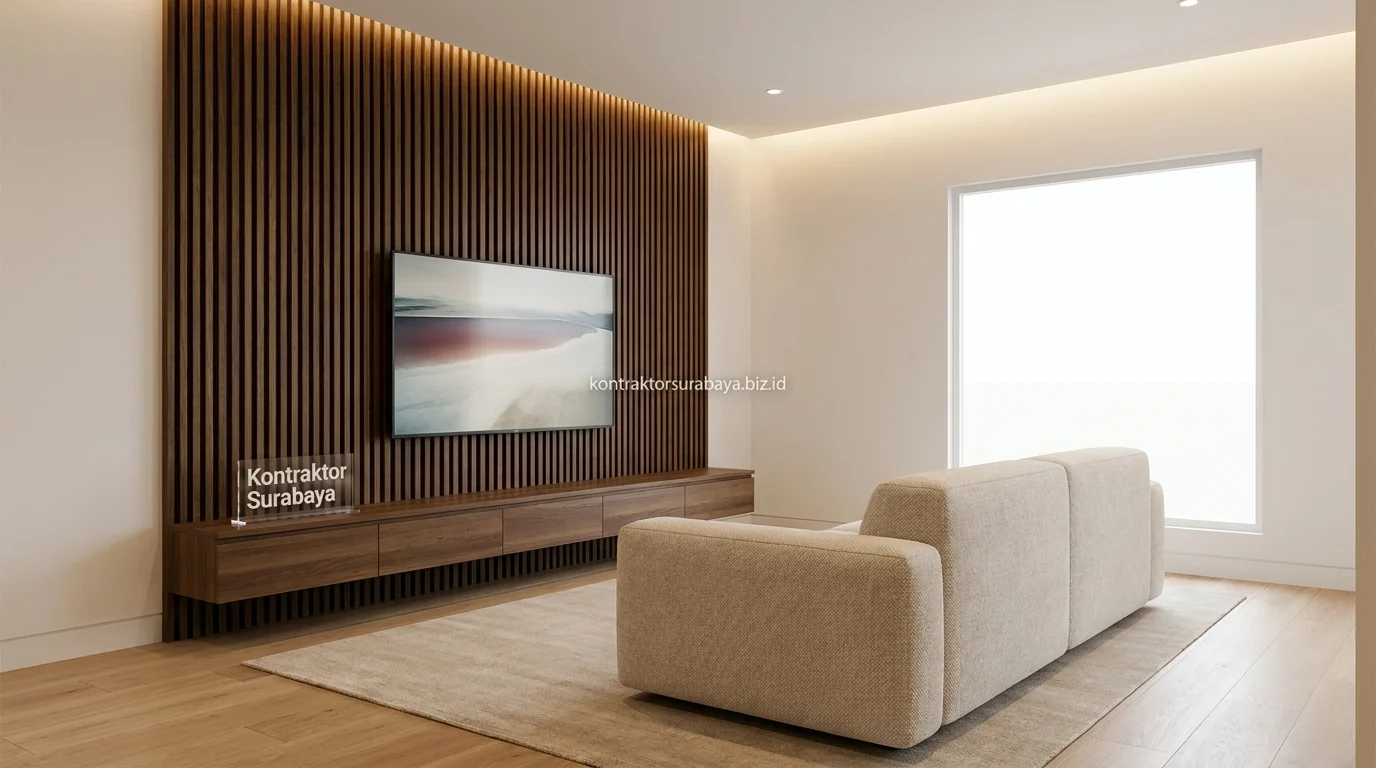 Backdrop TV minimalis dengan kisi-kisi kayu elegan di Sidoarjo