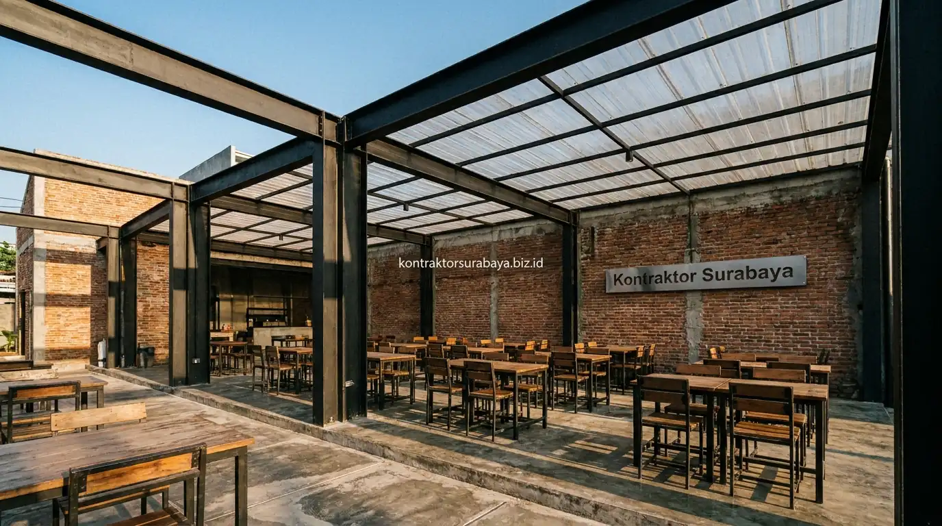 Konstruksi cafe outdoor bergaya industrial dengan ekspos struktur besi di Gresik