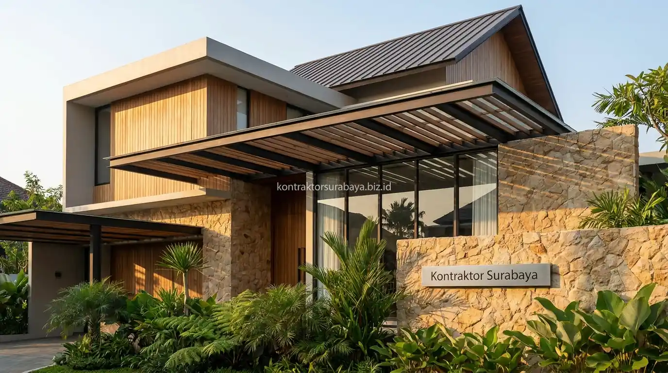 Fasad rumah tropis modern di Surabaya dengan elemen shading anti panas