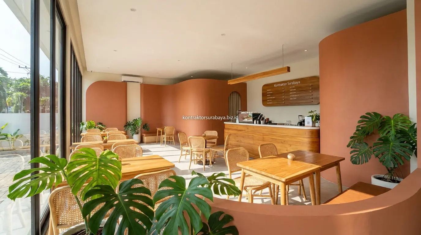 Desain interior cafe modern tropis yang estetik di Surabaya