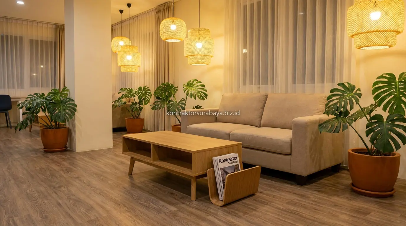 Interior co-working space cozy dengan material kayu dan pencahayaan hangat