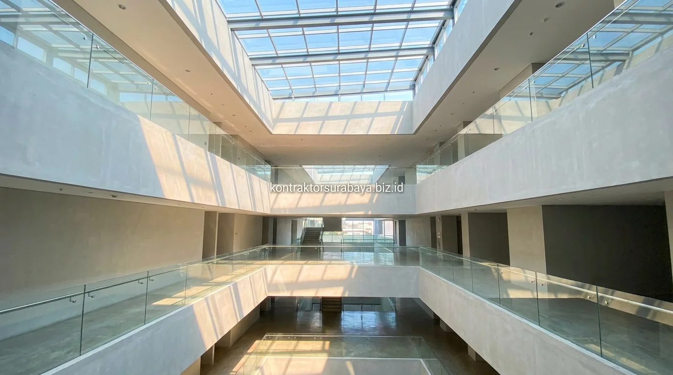 Interior ruang usaha dengan pencahayaan alami dari skylight di bangunan komersial Surabaya