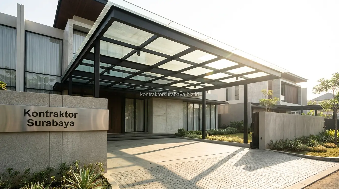 Kanopi tempered glass mewah untuk carport rumah di Gresik