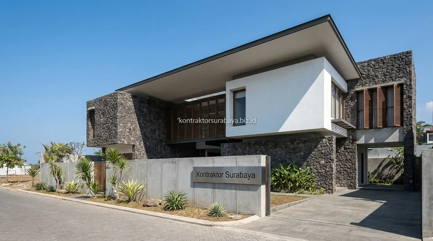 Konstruksi rumah modern tropis yang kokoh menghadapi cuaca Surabaya