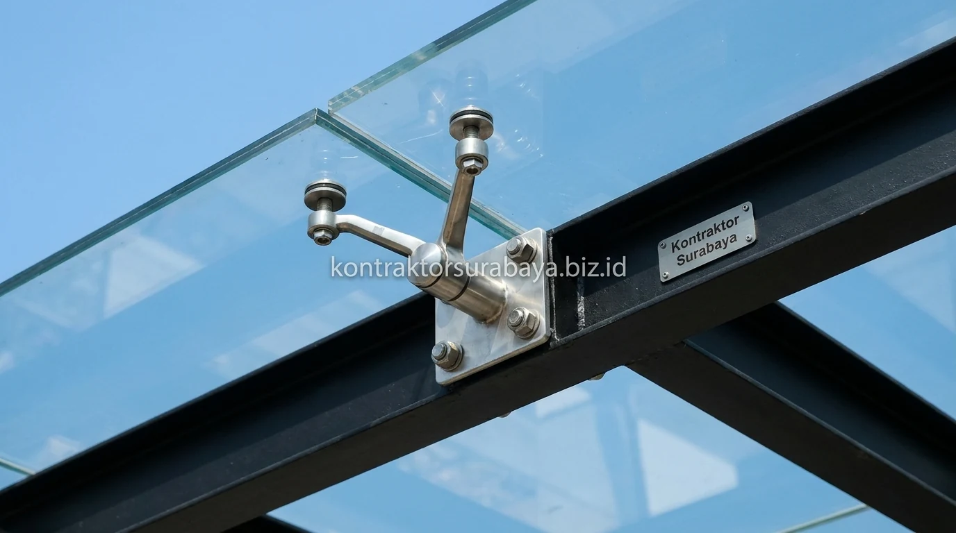 Rangka baja dan spider fitting pada kanopi tempered glass