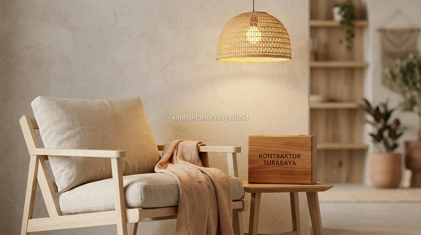 Ruang keluarga dengan material kayu dan linen bernuansa hangat