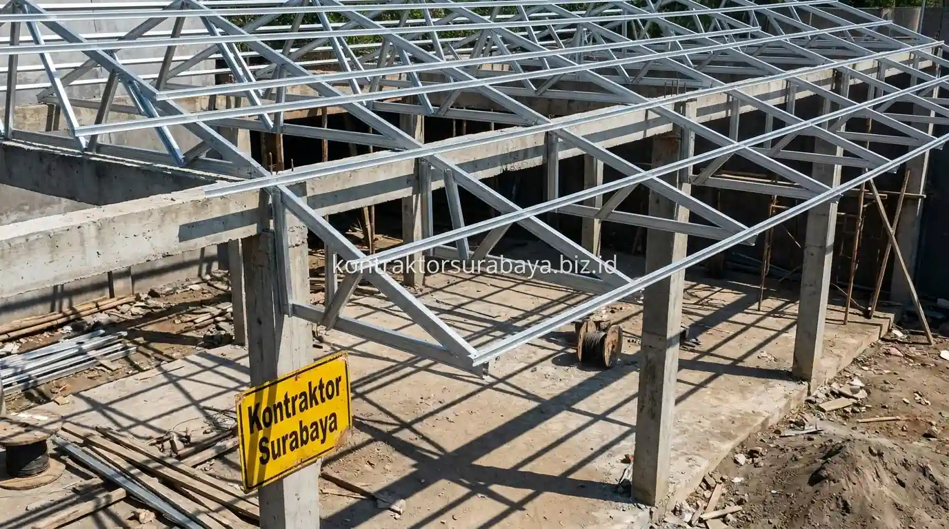 Struktur baja ringan pada atap cafe outdoor hemat biaya di Gresik